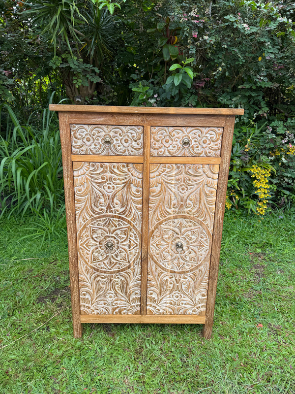 Hand-Carved Teak Cabinet — Balinese Mandala & Floral | Solid Teak with Whitewashed Carved Doors & Drawers