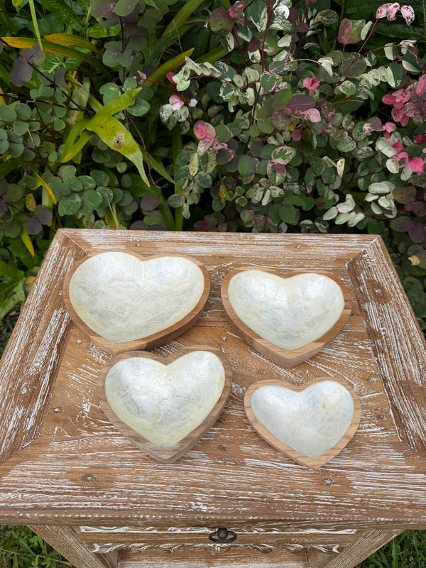 Teak & Mother of Pearl Heart Dish Set · Set of 4