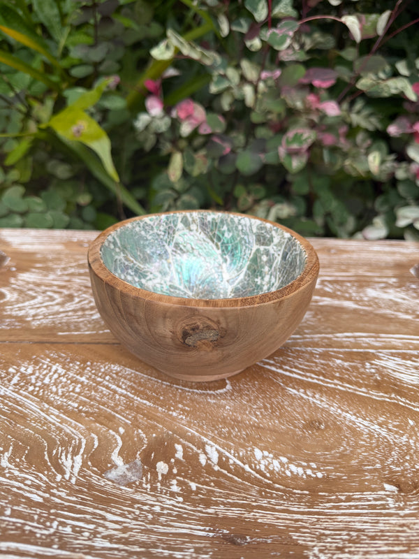 Teak & Mother of Pearl Mosaic Bowl · 5”