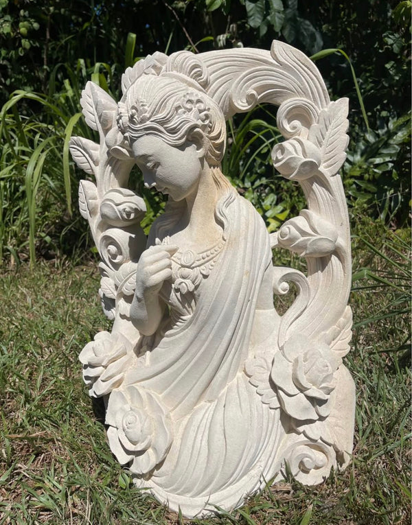 Pōhaku Goddess — "Garden of Stone" | Hand-Carved Limestone Goddess with Rose Vine Arch