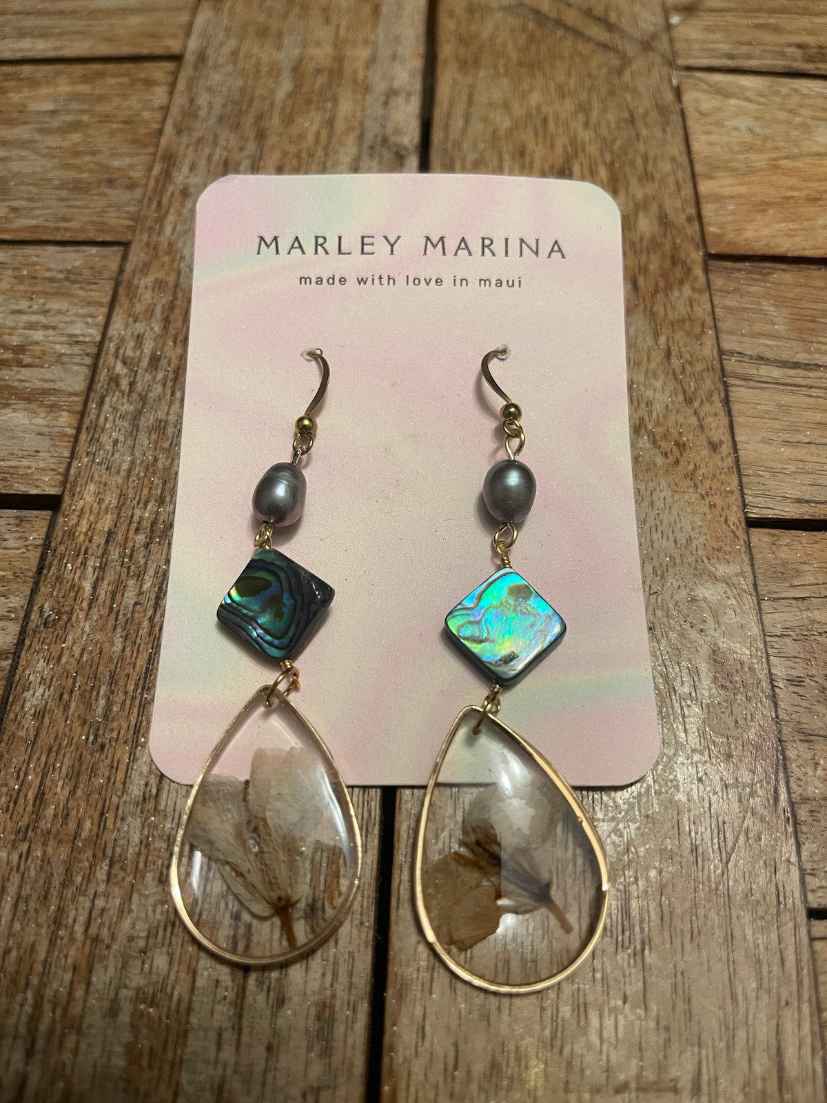 Pressed Flower & Abalone Shell Teardrop Earrings · Marley Marina · Handmade on Maui