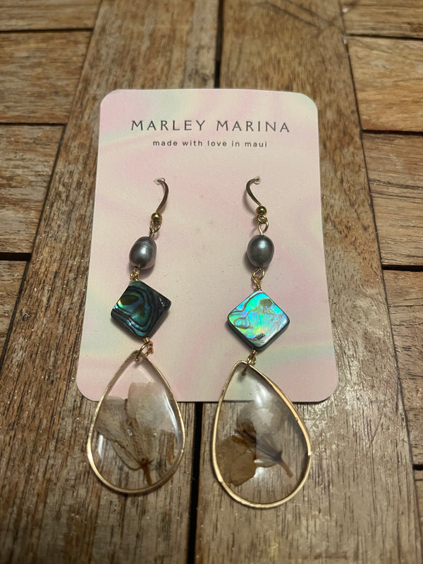 Pressed Flower & Abalone Shell Teardrop Earrings · Marley Marina · Handmade on Maui