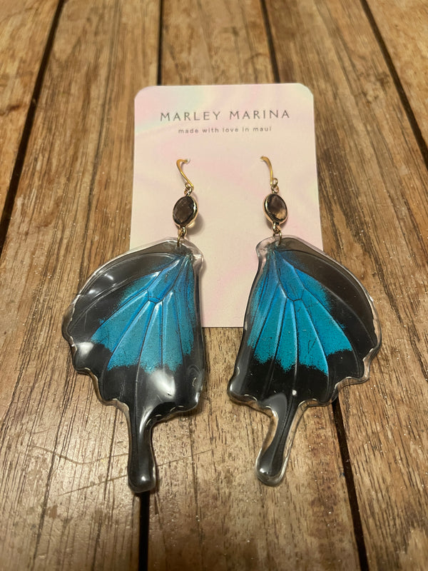 Blue Morpho Butterfly Wing Earrings with Smoky Crystal · Marley Marina · Handmade on Maui
