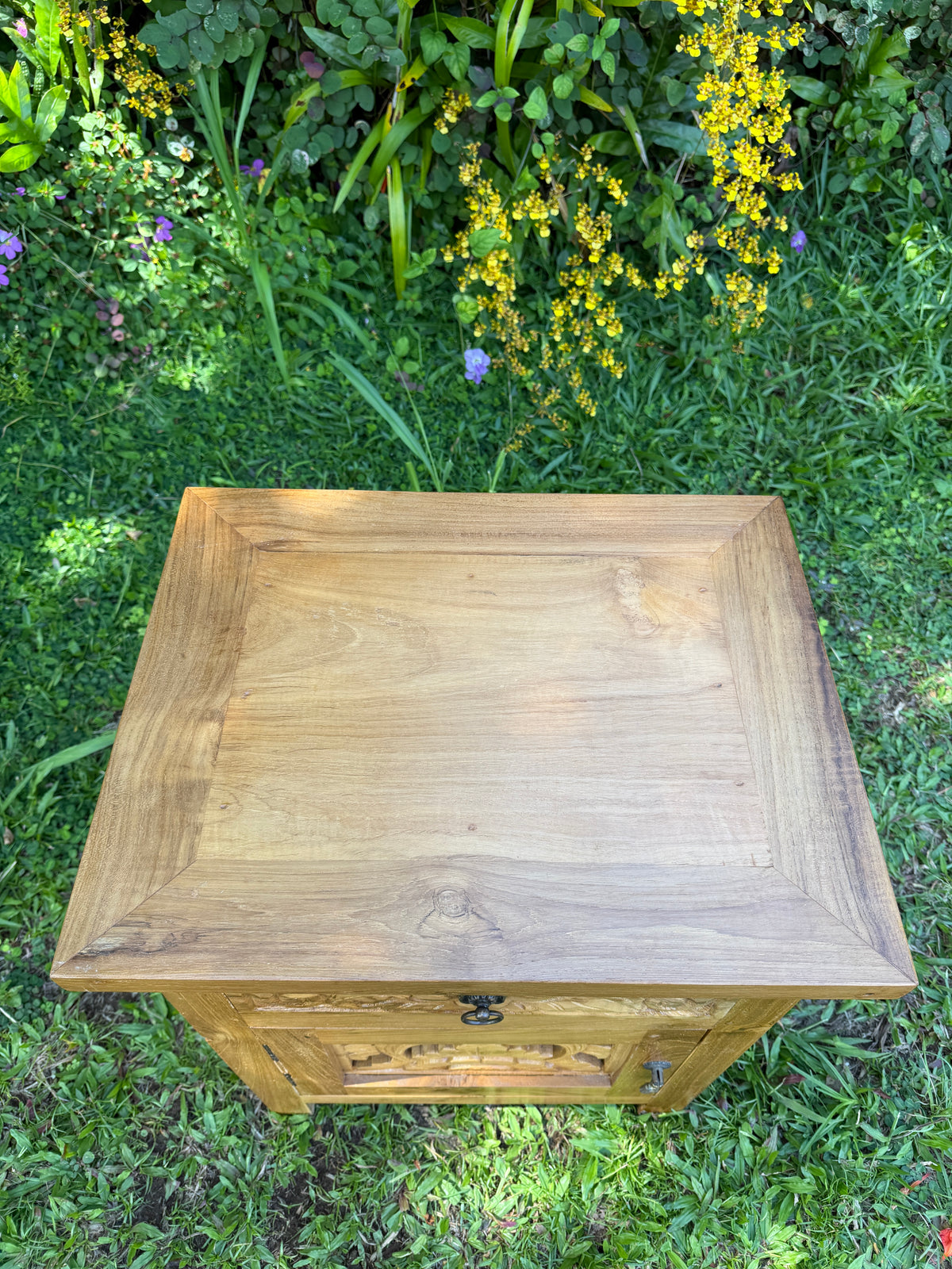 Hand-Carved Teak Nightstand — Balinese Floral | Solid Teak with Hand-Carved Drawer Front | 2 Styles Available