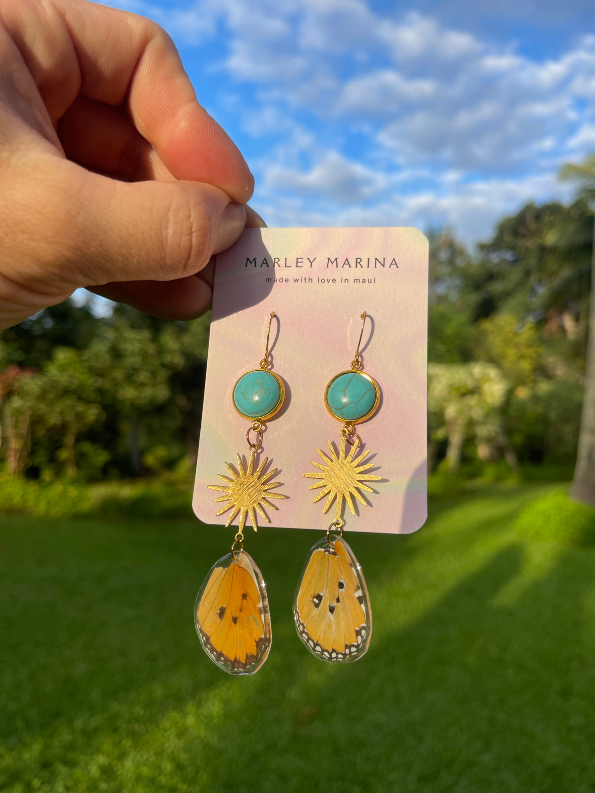 Butterfly Wing & Turquoise Sunburst Earrings · Marley Marina · Handmade on Maui