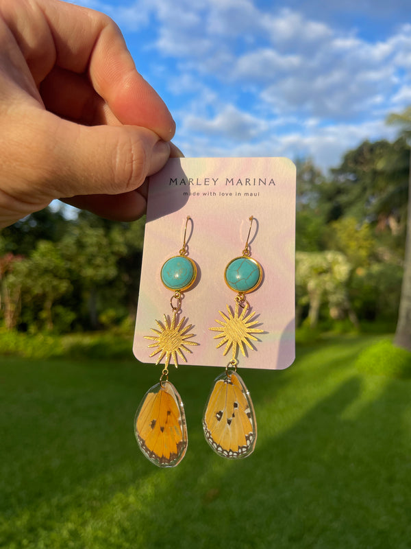 Butterfly Wing & Turquoise Sunburst Earrings · Marley Marina · Handmade on Maui