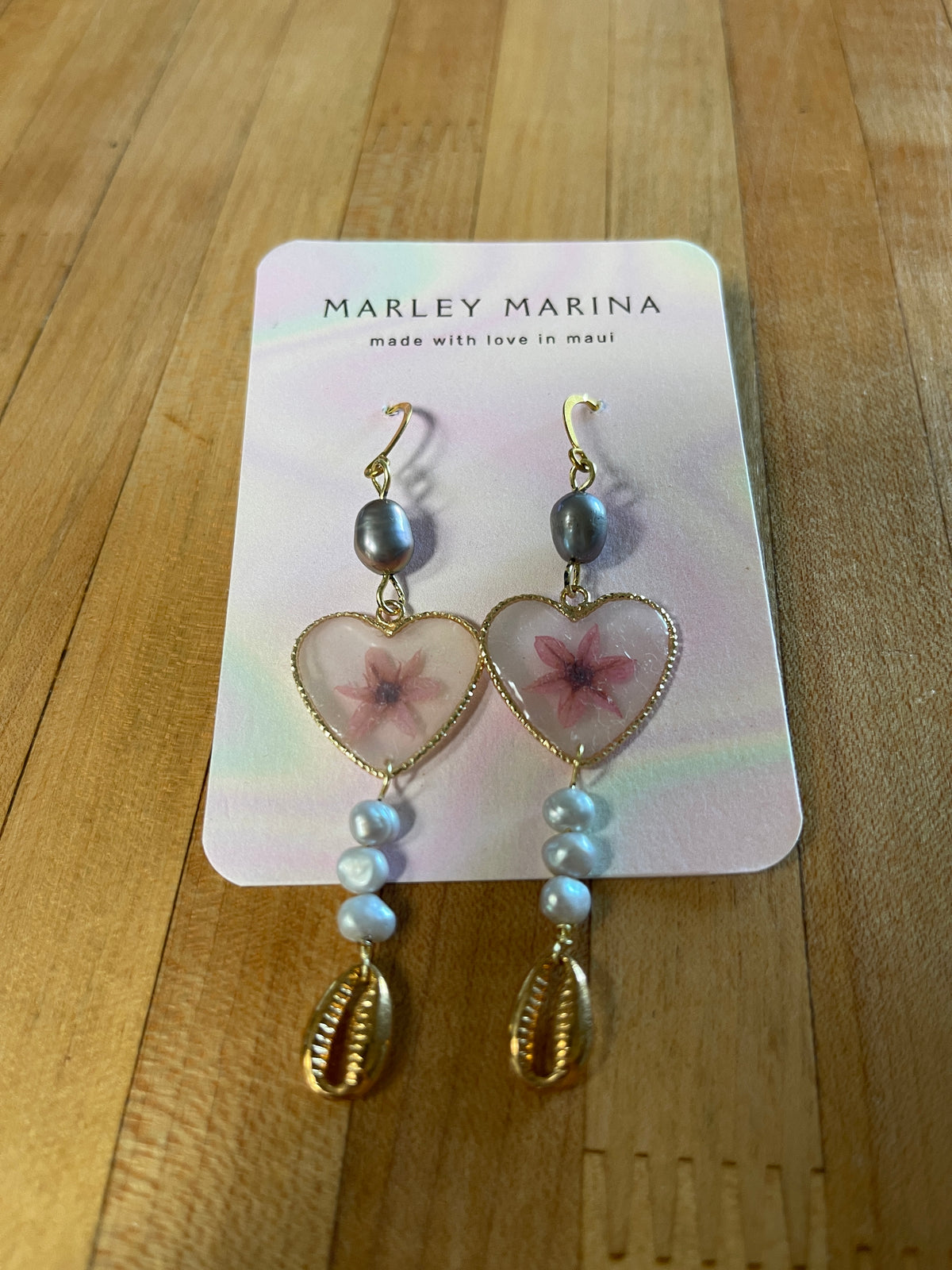 Pressed Flower Heart Earrings with Cowrie Shell · Marley Marina · Handmade on Maui