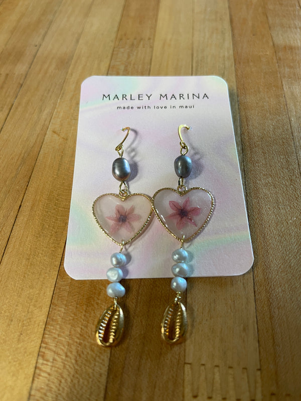Pressed Flower Heart Earrings with Cowrie Shell · Marley Marina · Handmade on Maui