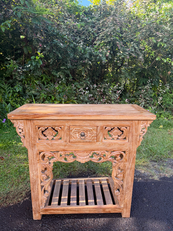 Hand-Carved Teak Console Table — Balinese Floral & Scrollwork | Solid Teak with Whitewashed Carved Panels