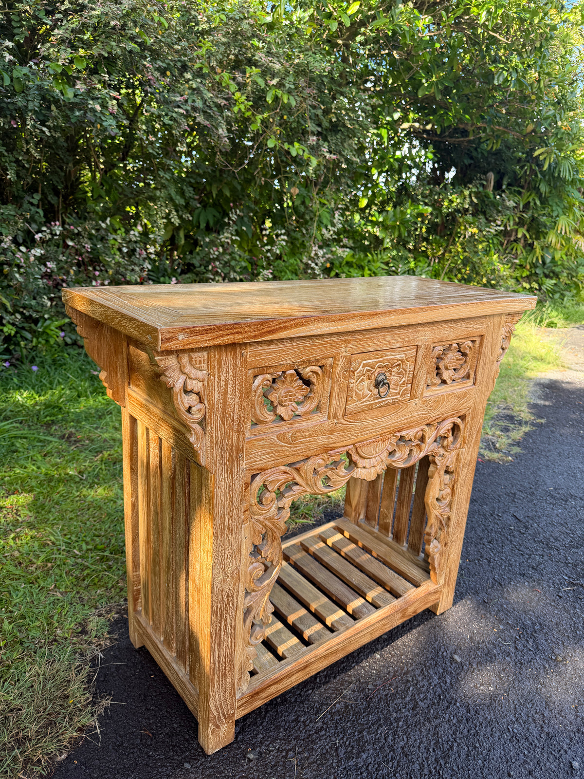 Hand-Carved Teak Console Table — Balinese Floral & Scrollwork | Solid Teak with Whitewashed Carved Panels