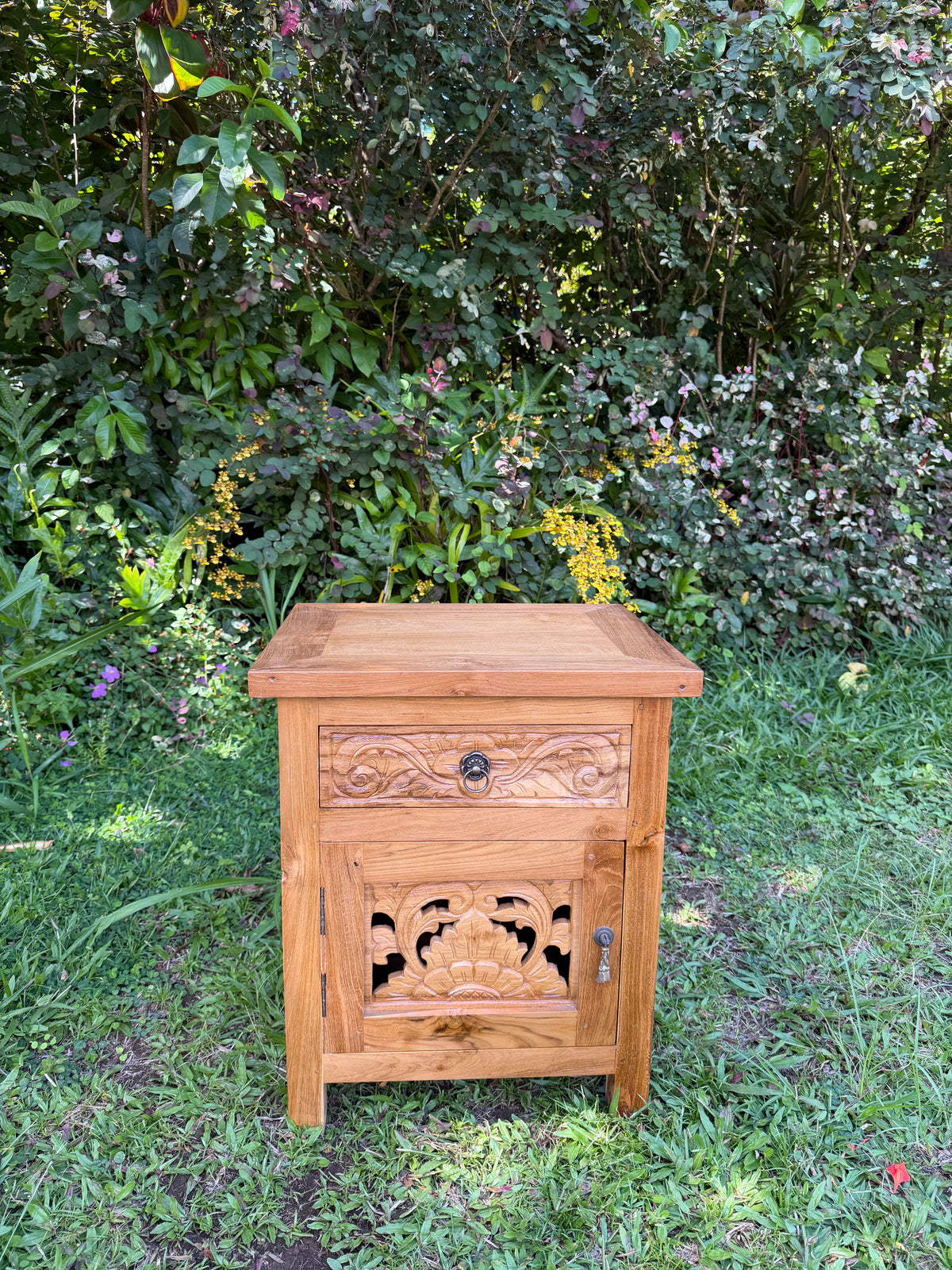 Hand-Carved Teak Nightstand — Balinese Floral | Solid Teak with Hand-Carved Drawer Front | 2 Styles Available