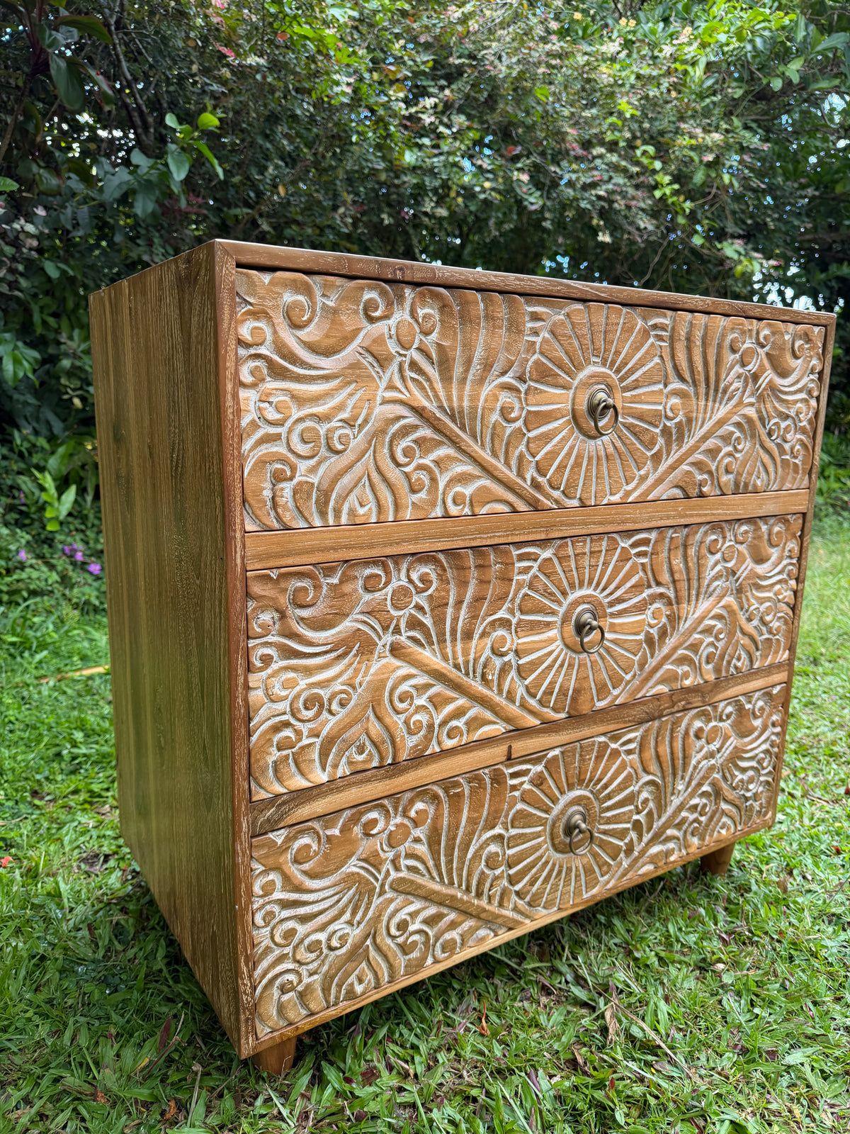 Hand-Carved Teak Dresser — Balinese Sunburst Medallion | Solid Teak with Whitewashed Carved Panels
