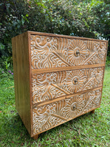 Hand-Carved Teak Dresser — Balinese Sunburst Medallion | Solid Teak with Whitewashed Carved Panels