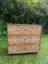 Hand-Carved Teak Dresser — Balinese Sunburst Medallion | Solid Teak with Whitewashed Carved Panels