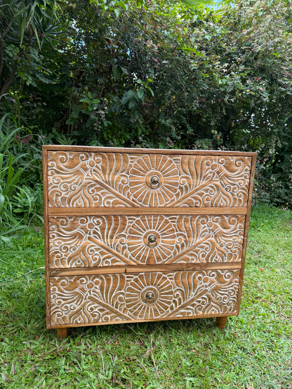 Hand-Carved Teak Dresser — Balinese Sunburst Medallion | Solid Teak with Whitewashed Carved Panels