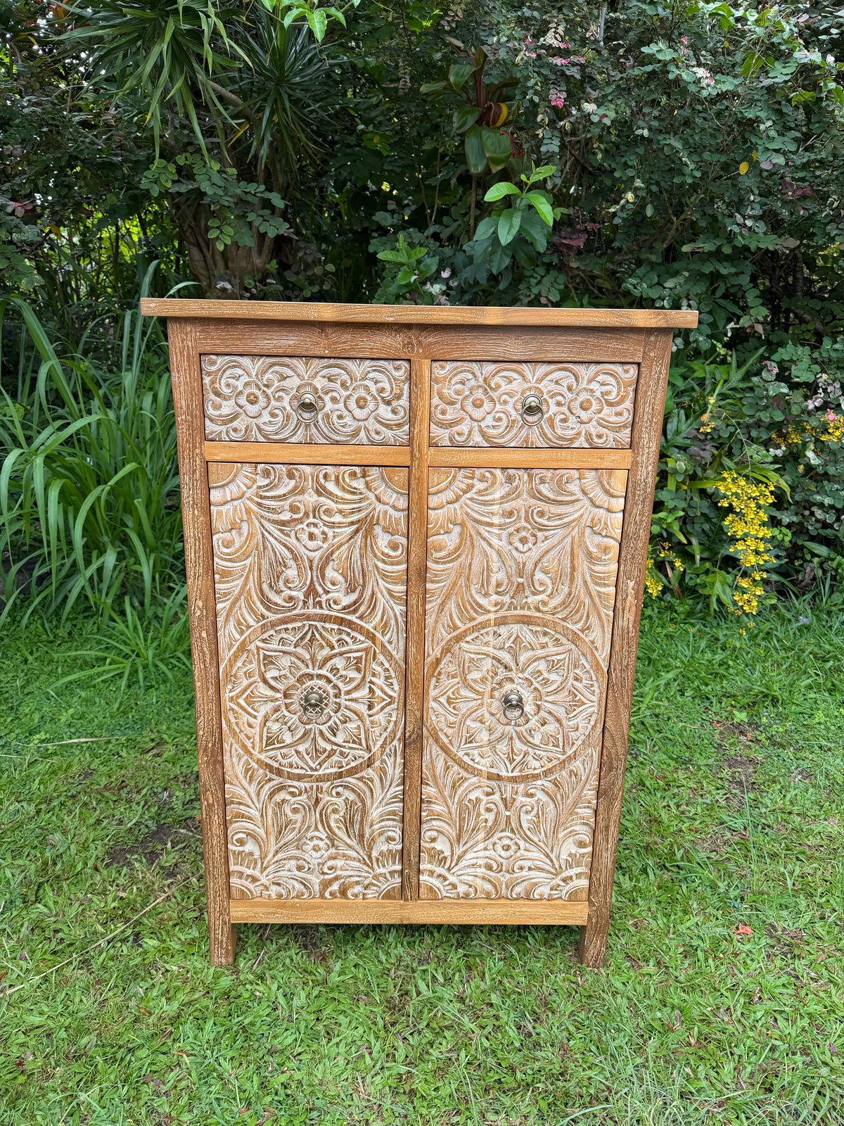 Hand-Carved Teak Cabinet — Balinese Mandala & Floral | Solid Teak with Whitewashed Carved Doors & Drawers