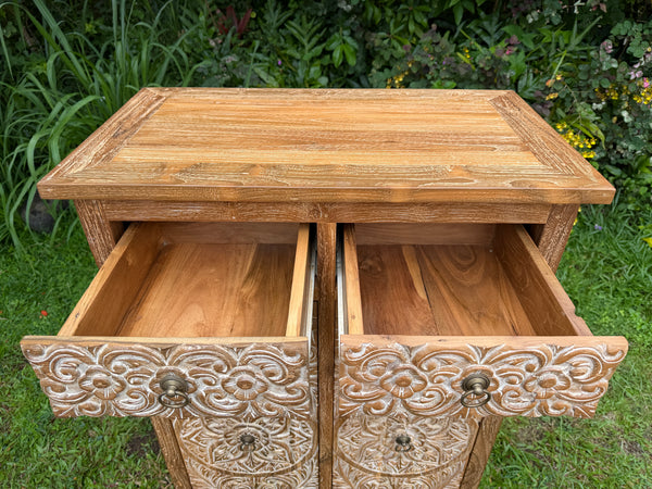 Hand-Carved Teak Cabinet — Balinese Mandala & Floral | Solid Teak with Whitewashed Carved Doors & Drawers