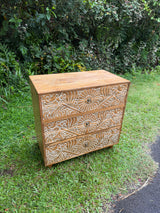 Hand-Carved Teak Dresser — Balinese Sunburst Medallion | Solid Teak with Whitewashed Carved Panels