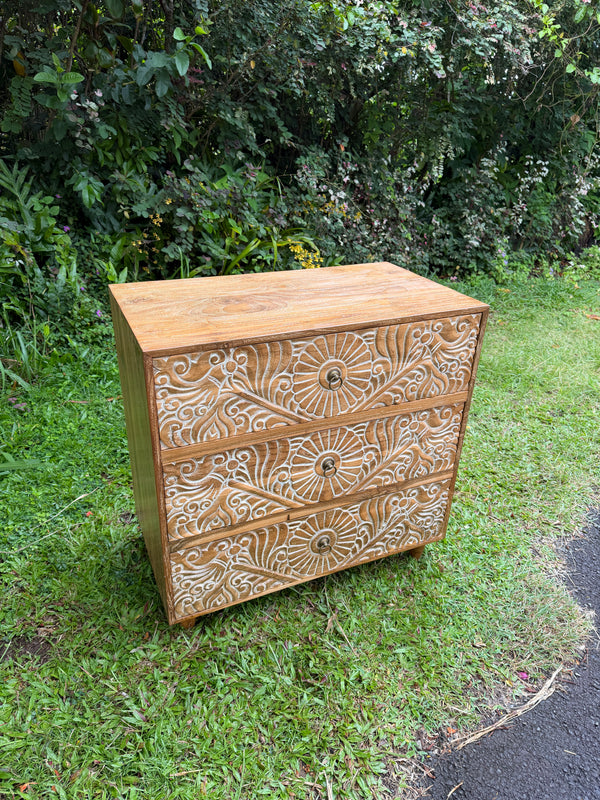 Hand-Carved Teak Dresser — Balinese Sunburst Medallion | Solid Teak with Whitewashed Carved Panels