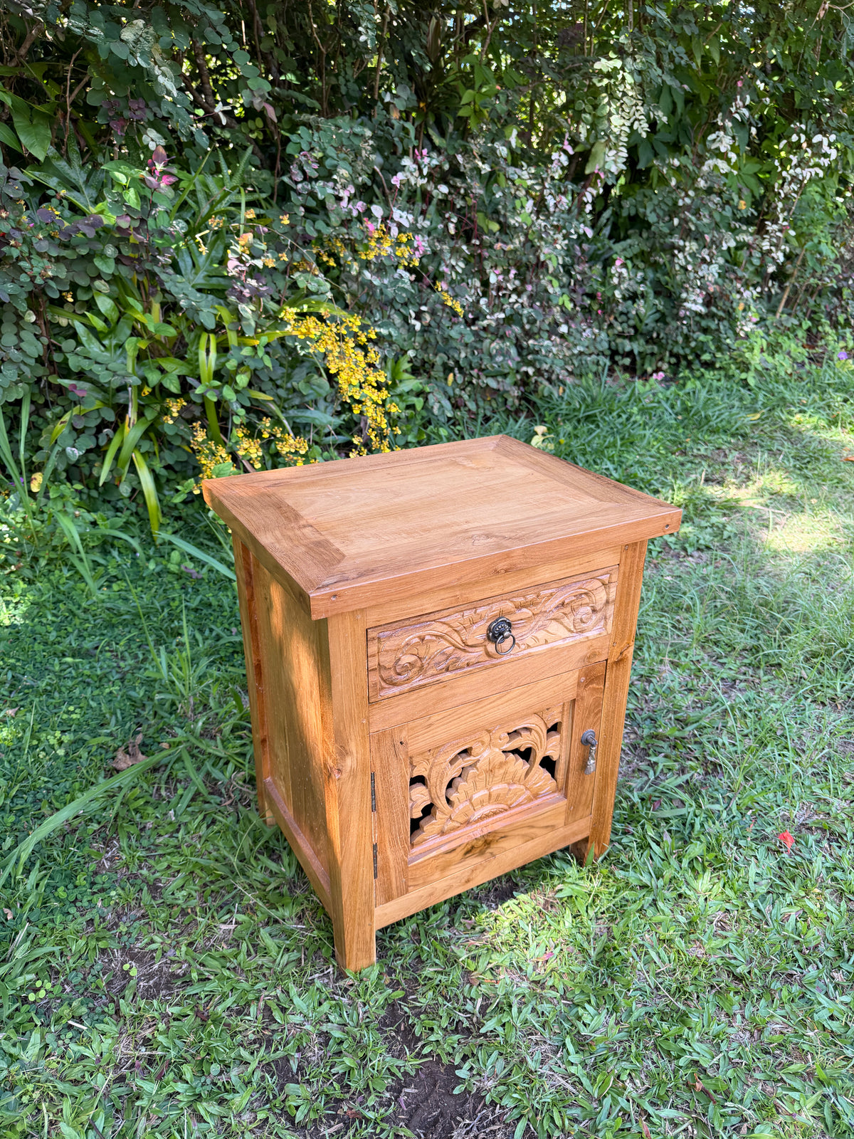 Hand-Carved Teak Nightstand — Balinese Floral | Solid Teak with Hand-Carved Drawer Front | 2 Styles Available