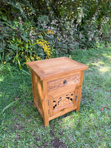 Hand-Carved Teak Nightstand — Balinese Floral | Solid Teak with Hand-Carved Drawer Front | 2 Styles Available