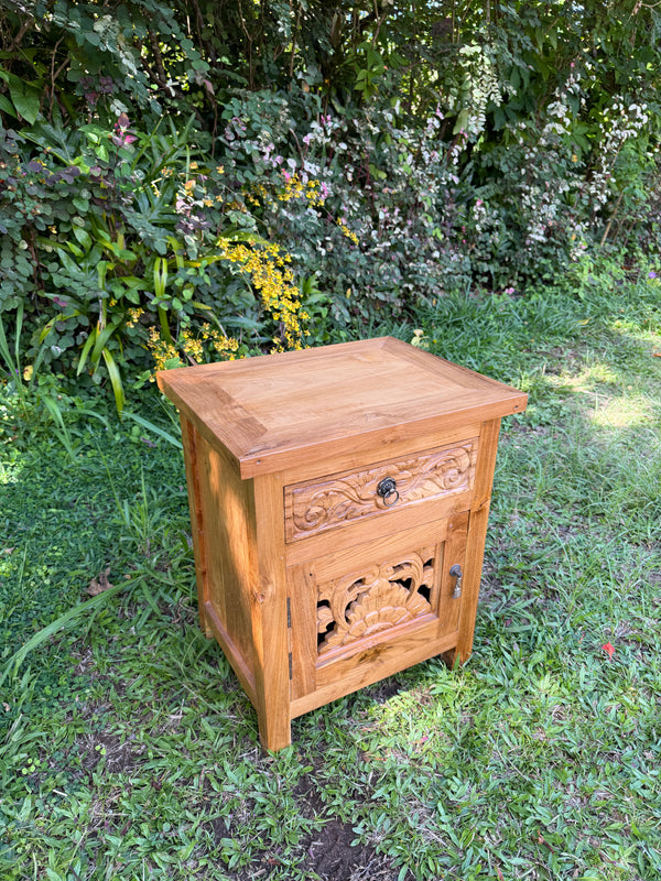 Hand-Carved Teak Nightstand — Balinese Floral | Solid Teak with Hand-Carved Drawer Front | 2 Styles Available