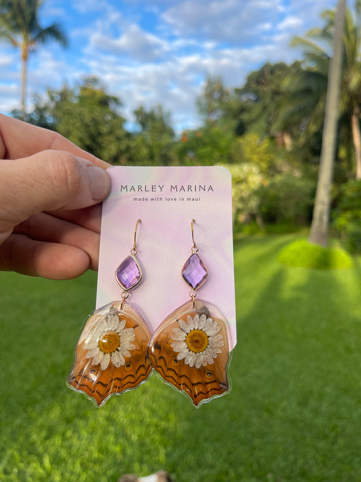 Butterfly Wing & Daisy Resin Earrings with Amethyst Crystal · Marley Marina · Handmade on Maui
