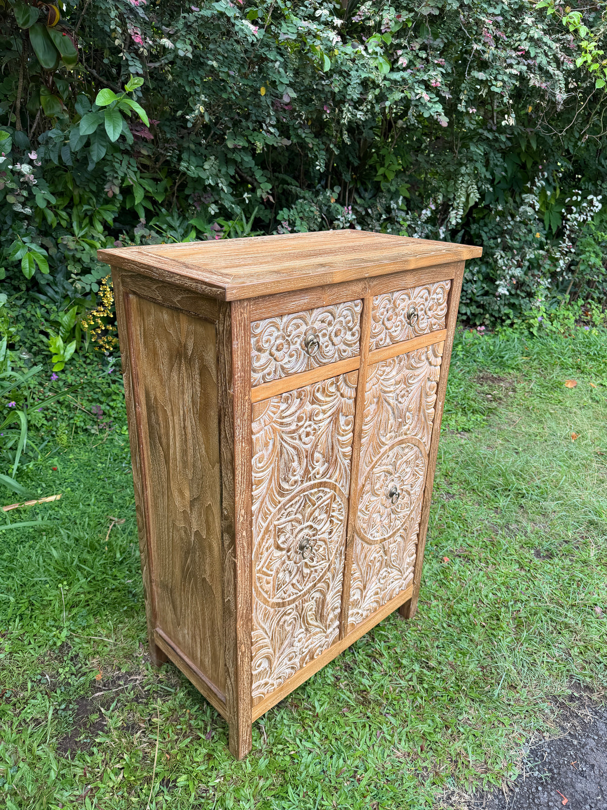 Hand-Carved Teak Cabinet — Balinese Mandala & Floral | Solid Teak with Whitewashed Carved Doors & Drawers