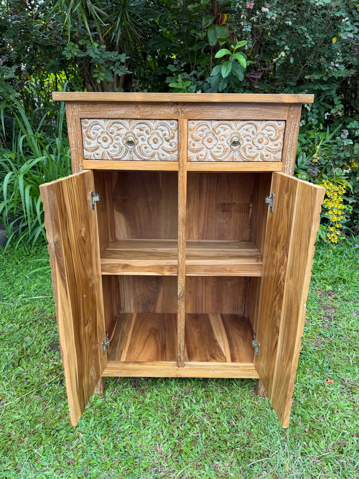 Hand-Carved Teak Cabinet — Balinese Mandala & Floral | Solid Teak with Whitewashed Carved Doors & Drawers