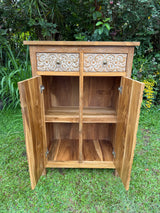 Hand-Carved Teak Cabinet — Balinese Mandala & Floral | Solid Teak with Whitewashed Carved Doors & Drawers