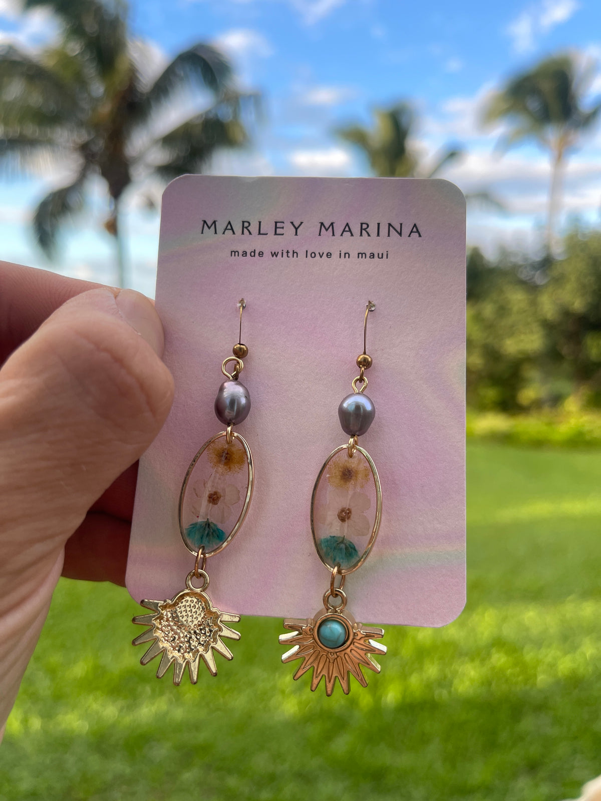 Pressed Flower & Turquoise Sunburst Earrings · Marley Marina · Handmade on Maui