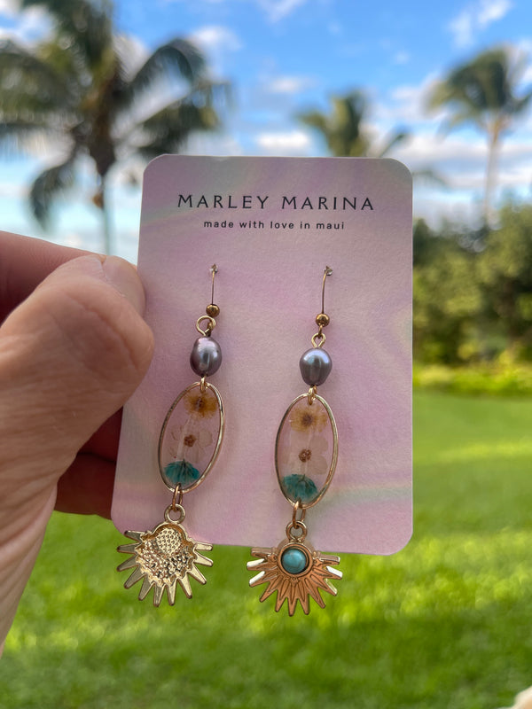 Pressed Flower & Turquoise Sunburst Earrings · Marley Marina · Handmade on Maui