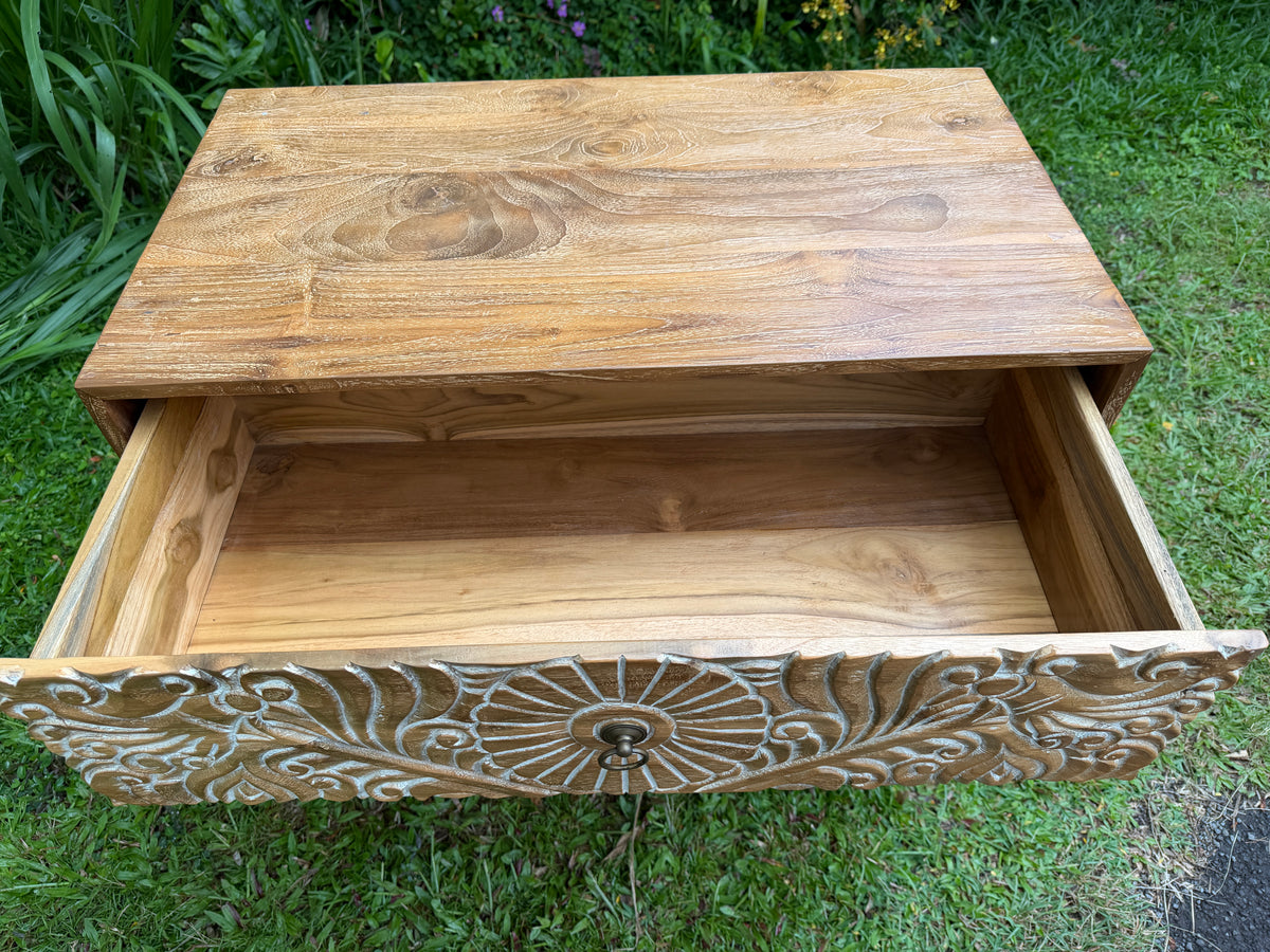 Hand-Carved Teak Dresser — Balinese Sunburst Medallion | Solid Teak with Whitewashed Carved Panels