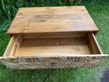 Hand-Carved Teak Dresser — Balinese Sunburst Medallion | Solid Teak with Whitewashed Carved Panels