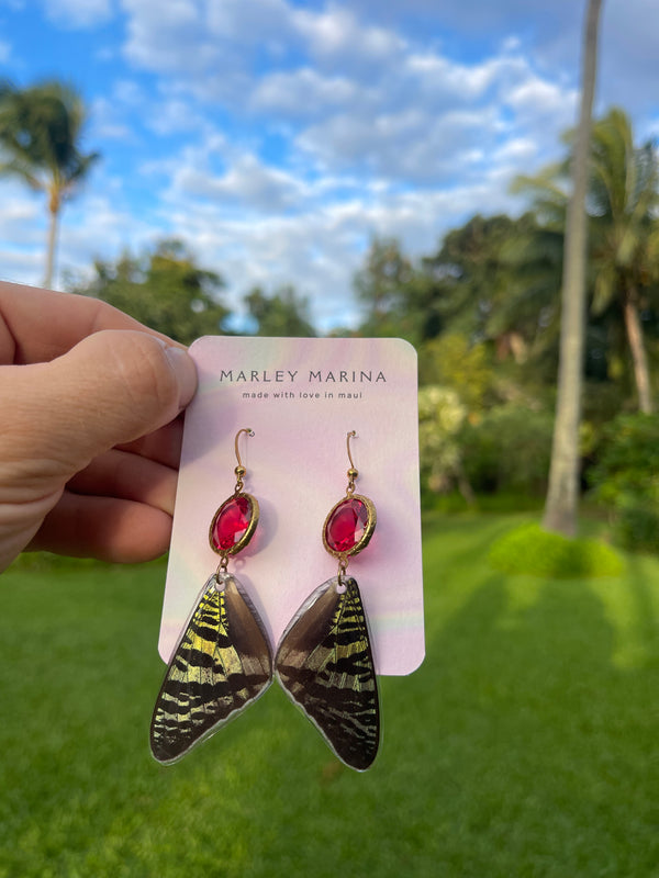Real Butterfly Wing Earrings with Ruby Red Crystal · Marley Marina · Handmade on Maui