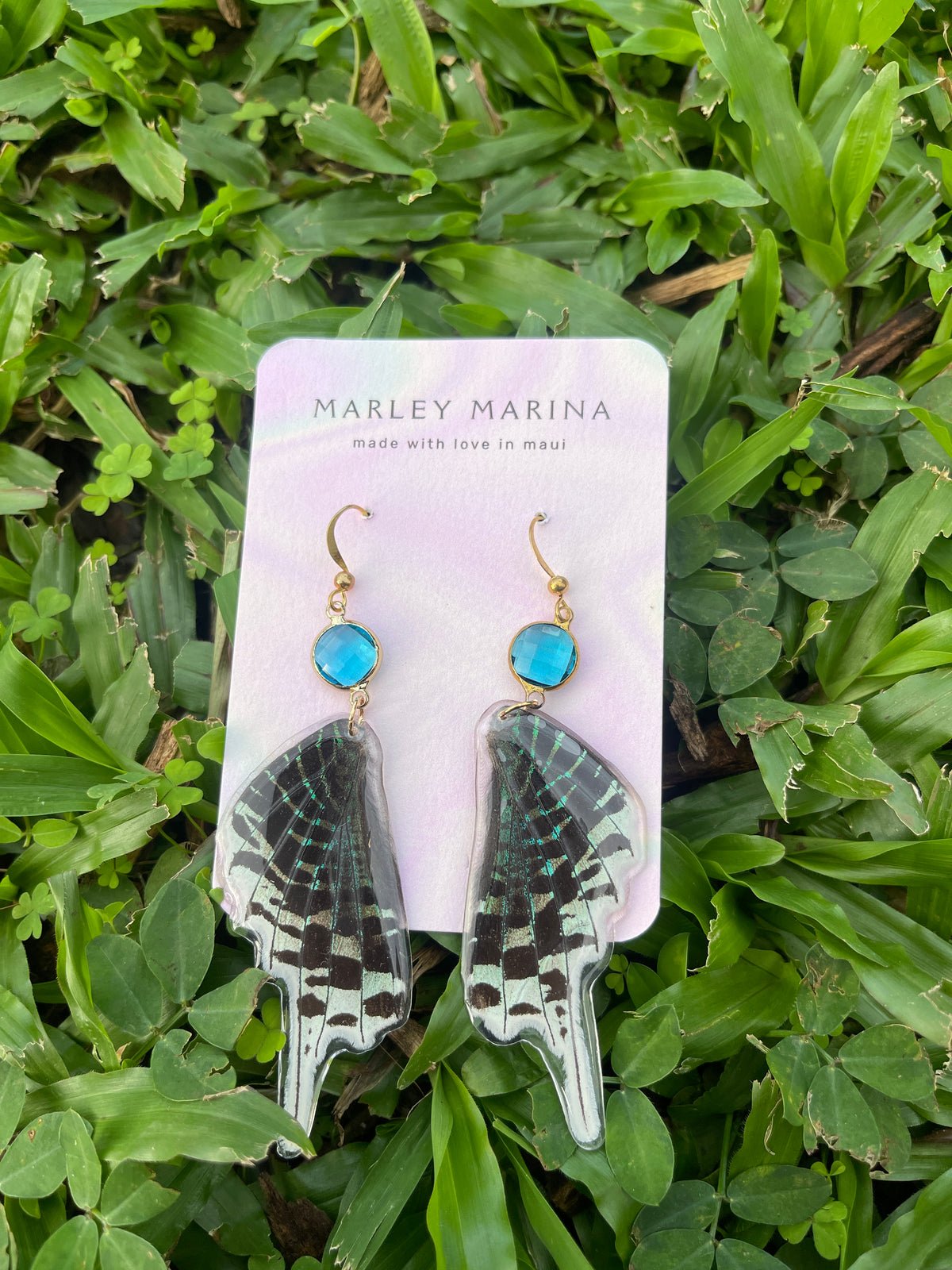 Swallowtail Butterfly Wing Earrings with Blue Crystal · Marley Marina · Handmade on Maui