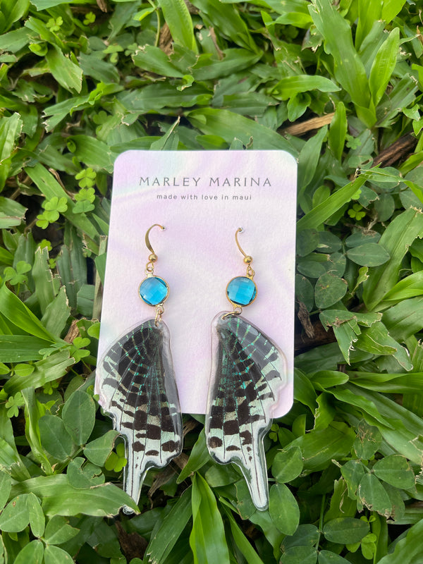 Swallowtail Butterfly Wing Earrings with Blue Crystal · Marley Marina · Handmade on Maui