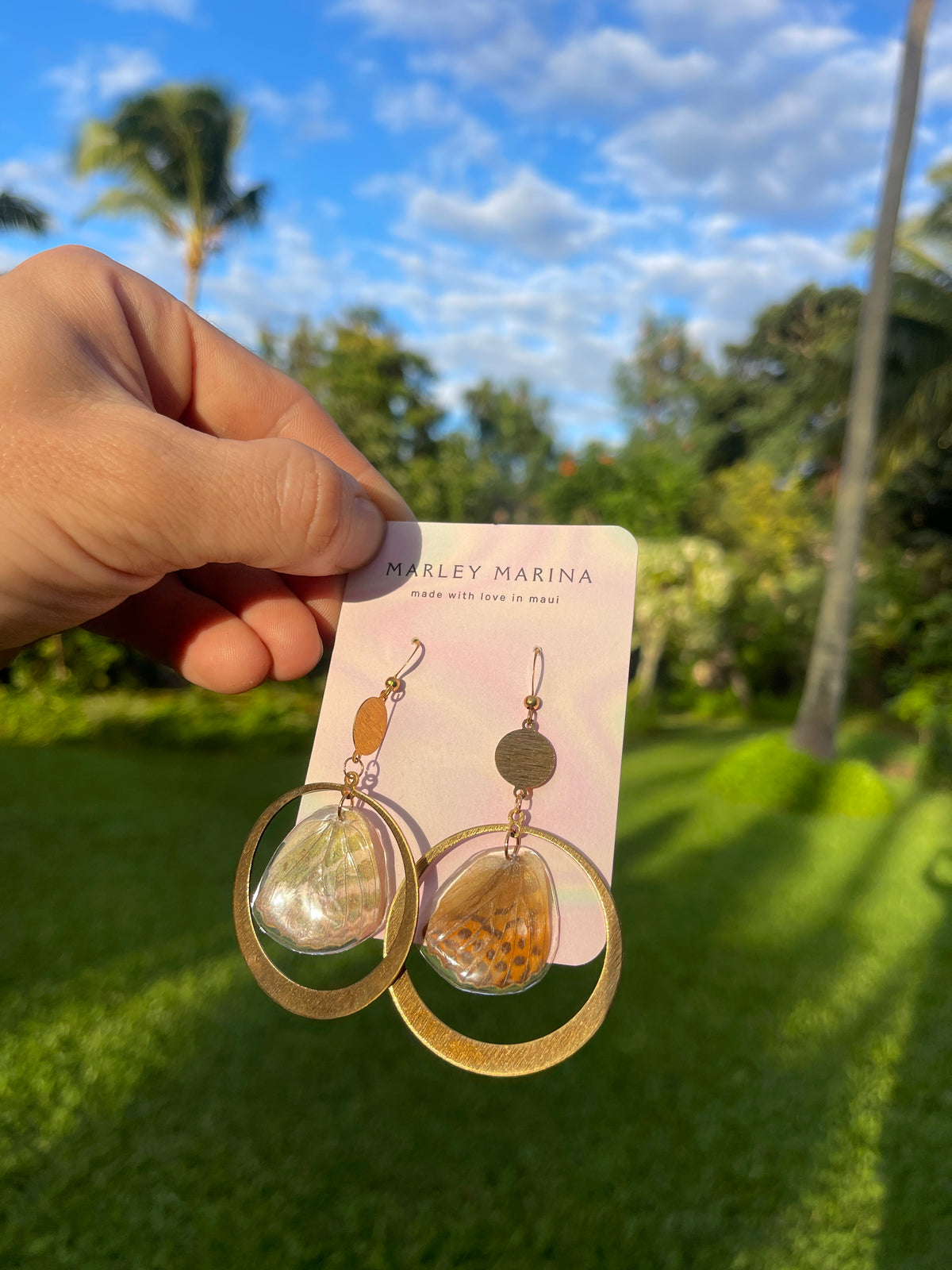 Butterfly Wing Hoop Earrings · Gold Circle Frame · Marley Marina · Handmade on Maui