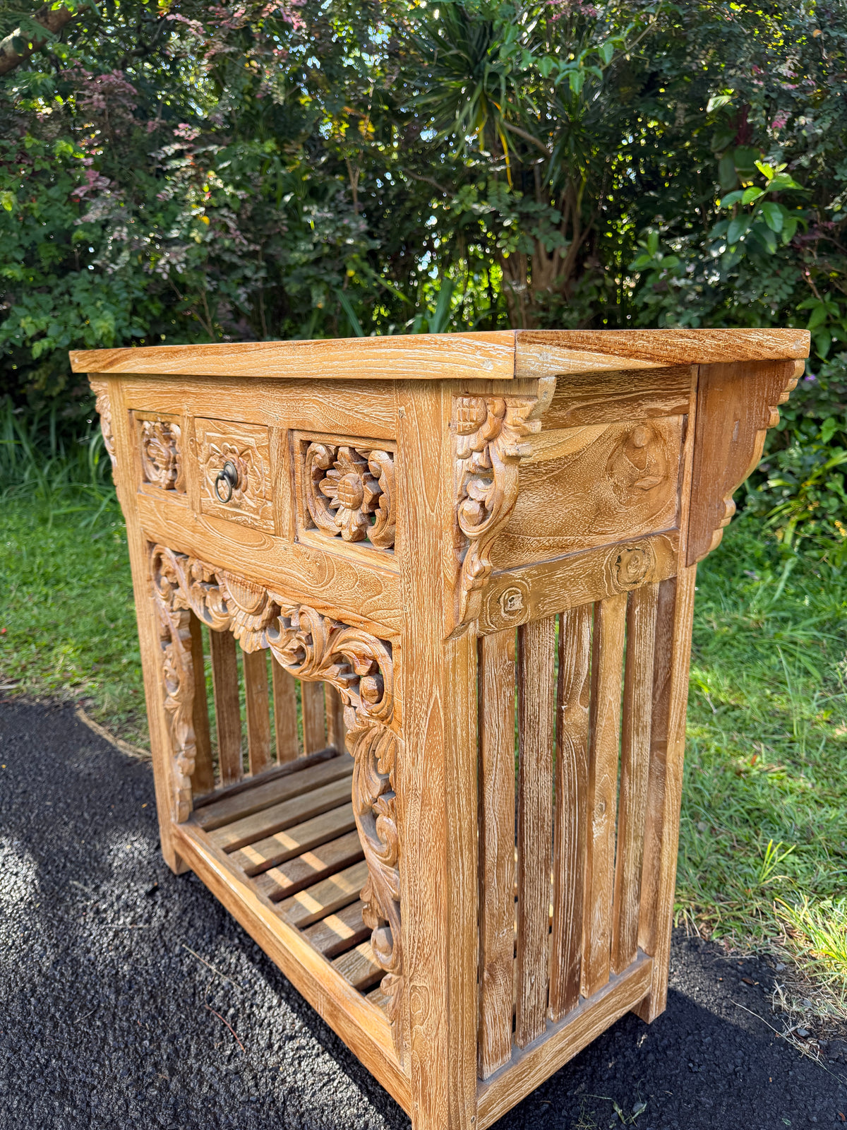 Hand-Carved Teak Console Table — Balinese Floral & Scrollwork | Solid Teak with Whitewashed Carved Panels