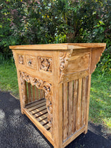 Hand-Carved Teak Console Table — Balinese Floral & Scrollwork | Solid Teak with Whitewashed Carved Panels