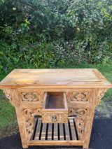 Hand-Carved Teak Console Table — Balinese Floral & Scrollwork | Solid Teak with Whitewashed Carved Panels