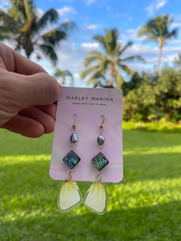 Butterfly Wing & Abalone Shell Earrings with Pearl · Marley Marina · Handmade on Maui