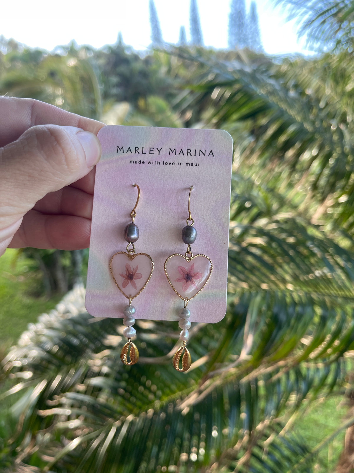 Pressed Flower Heart Earrings with Cowrie Shell · Marley Marina · Handmade on Maui