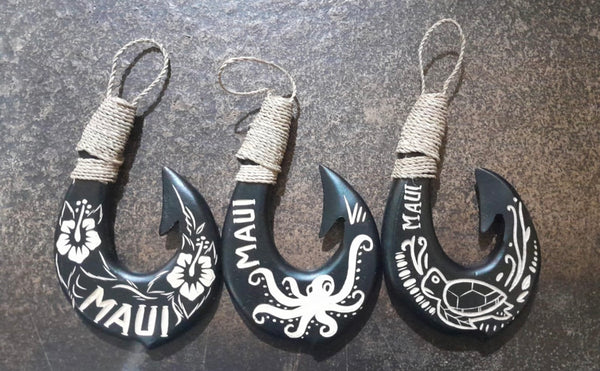 Hand-Carved Maui Fish Hook · Painted Albizia Wood · 6”