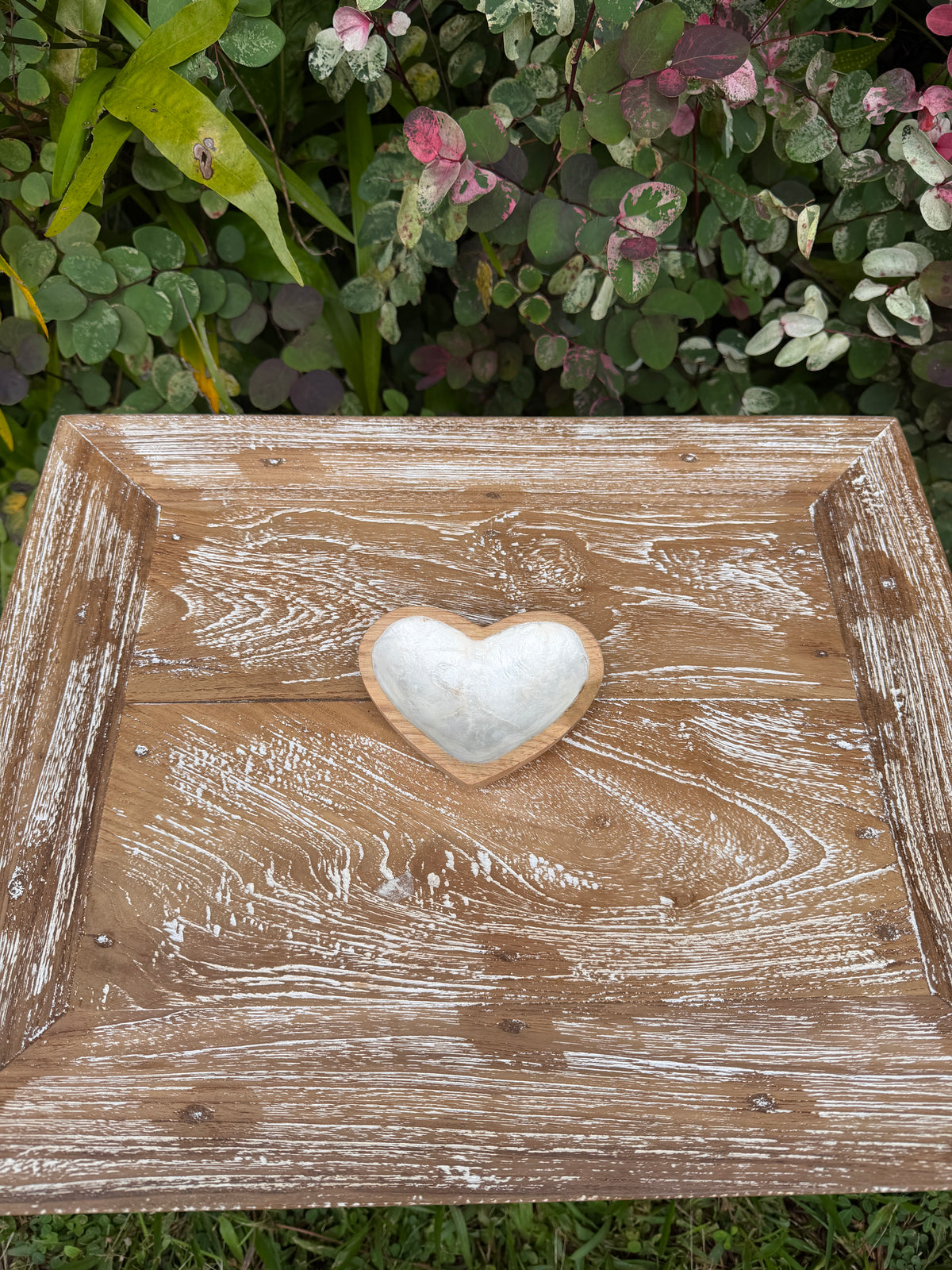 Teak & Mother of Pearl Heart Dish · Small