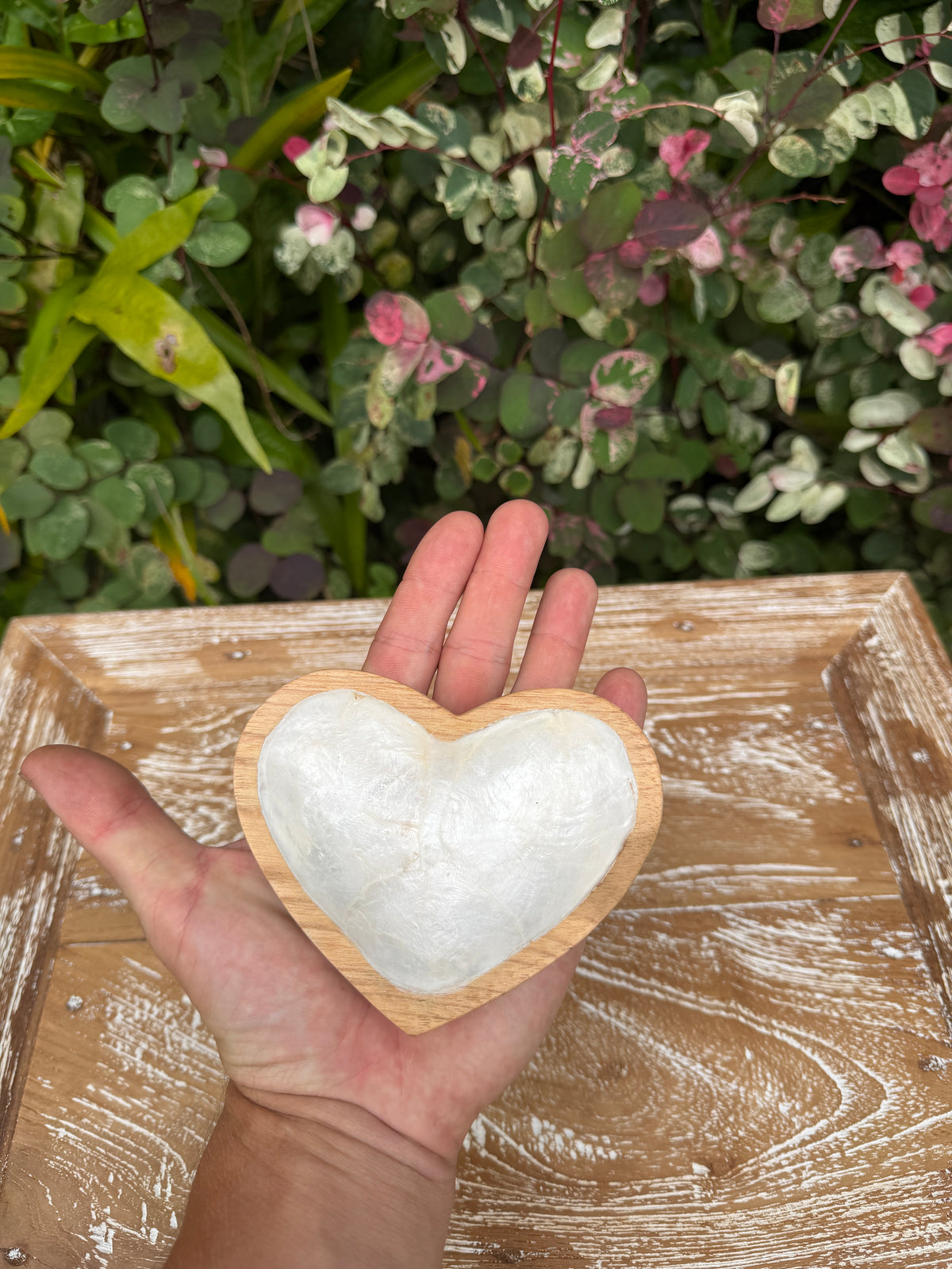 Teak & Mother of Pearl Heart Dish · Small