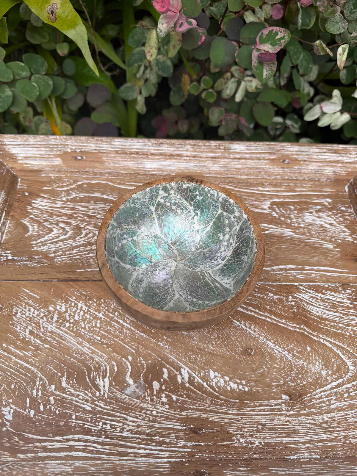 Teak & Mother of Pearl Mosaic Bowl · 5”