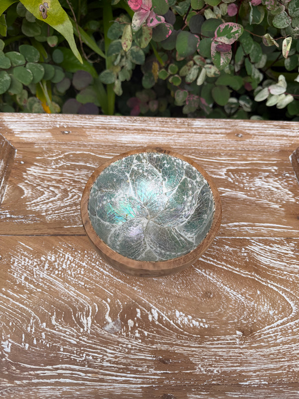 Teak & Mother of Pearl Mosaic Bowl · 5”