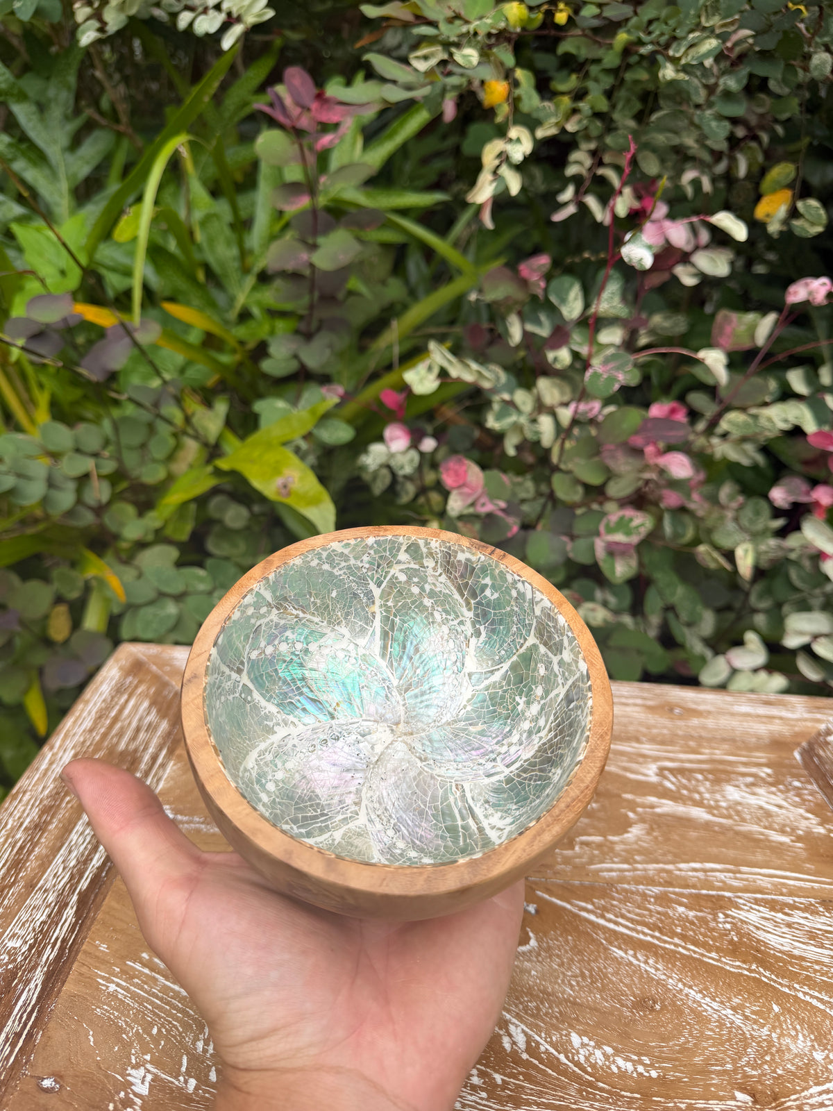 Teak & Mother of Pearl Mosaic Bowl · 5”