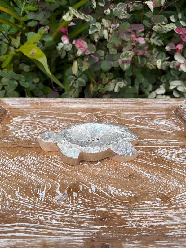 Sea Turtle Soap Dish · Teak & Mother of Pearl Mosaic